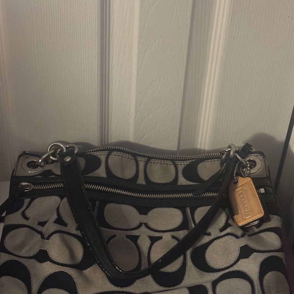 Coach Black and Gray Signature Shoulder Bag with Leather Trim